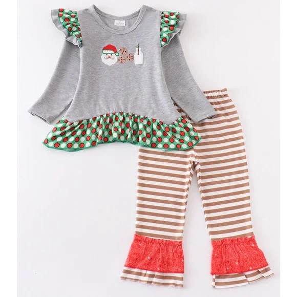 (Custom Design Preorder MOQ 5) Santa Top Stripes Pants Girls Christmas Clothes Set