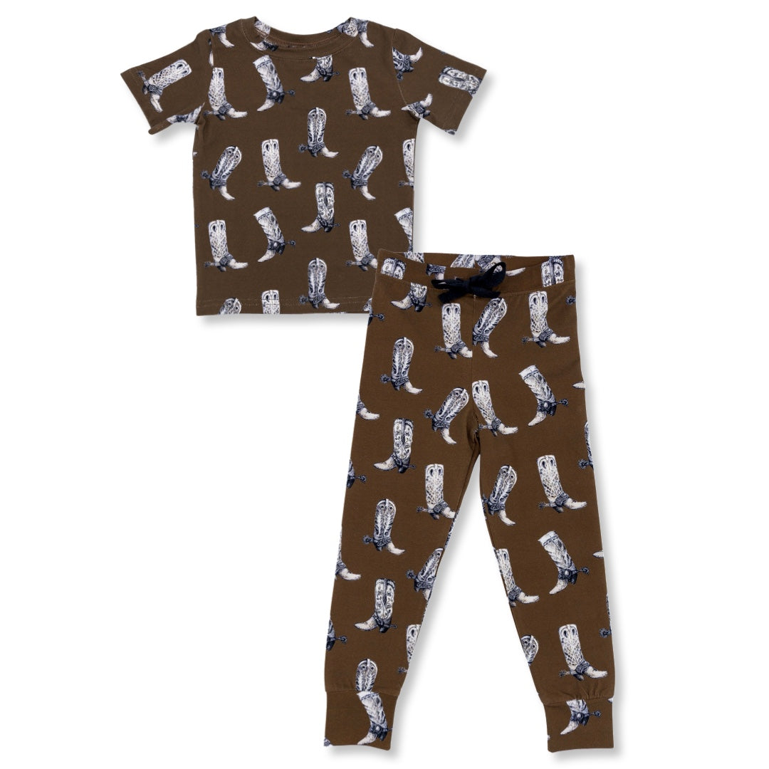 (Custom Design Preorder MOQ 5) Boots Brown Print Kids Western Pajamas Clothes Set