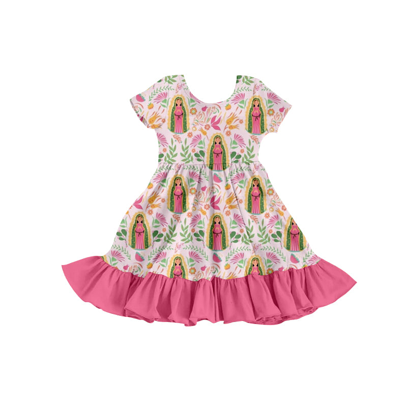 (Custom Design Preorder MOQ 5) Virgin Mary Print Pink Ruffle Girls Knee Length Dress