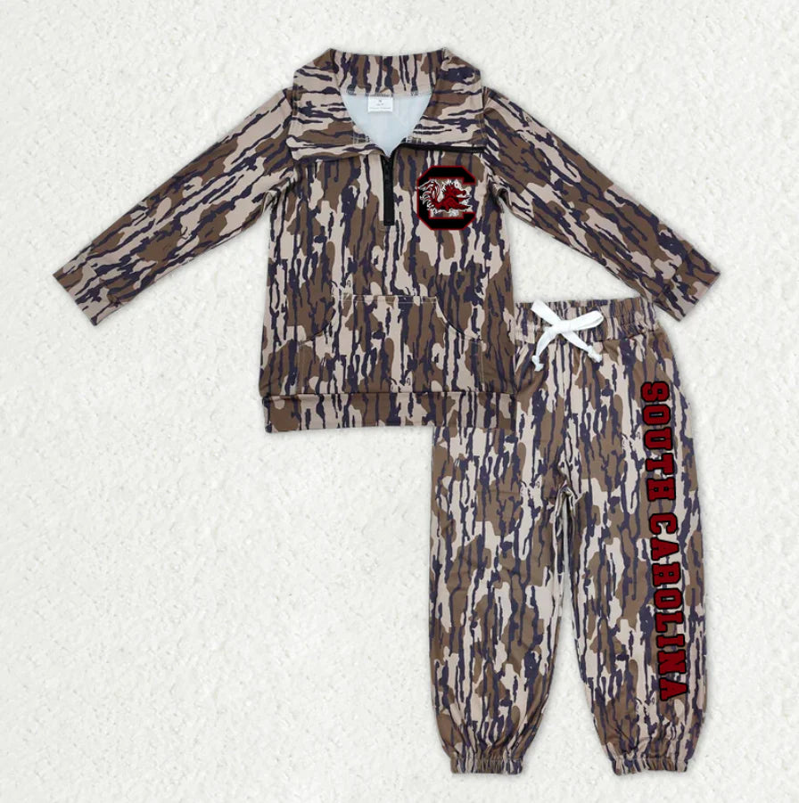 (Custom Design Preorder MOQ 5) Team's Gamecock Camo Print Zipper Pullover Top Pockets Pants Kids Fall Clothes Set