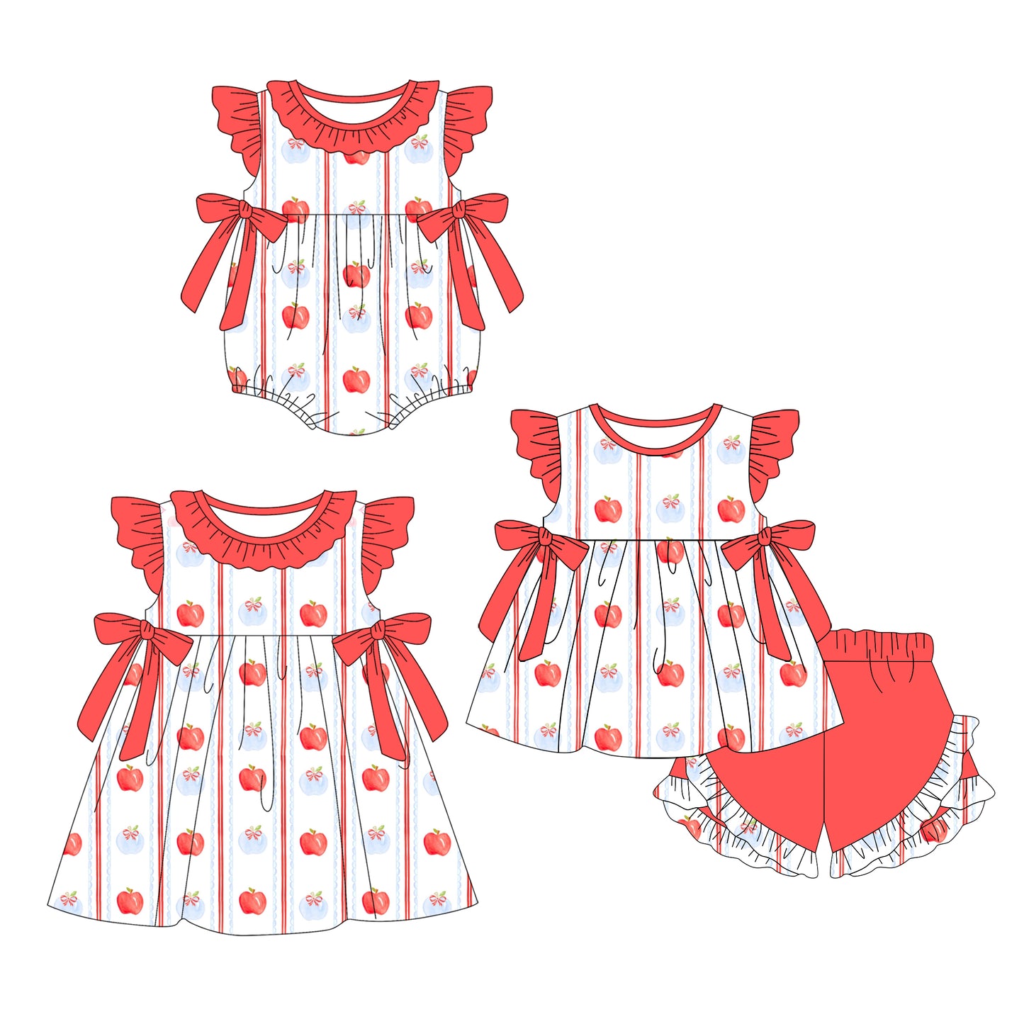 2.22(Custom Design Preorder MOQ 5 Each Design) Apple Bows Print Girls Back to School Matching Clothes Sisters Wear