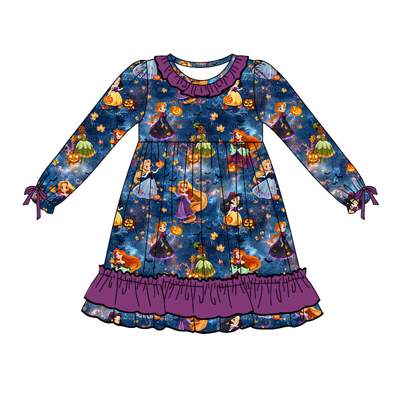 (Custom Design Preorder MOQ 5) Cartoon Princess Pumpkin Print Girls Knee Length Halloween Dress