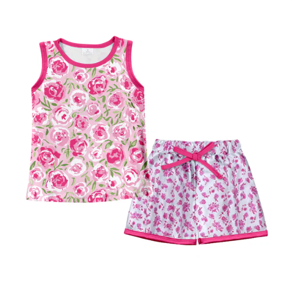 (Custom Design Preorder MOQ 5) Flowers Hot Pink Shorts Girls Summer Clothes Set