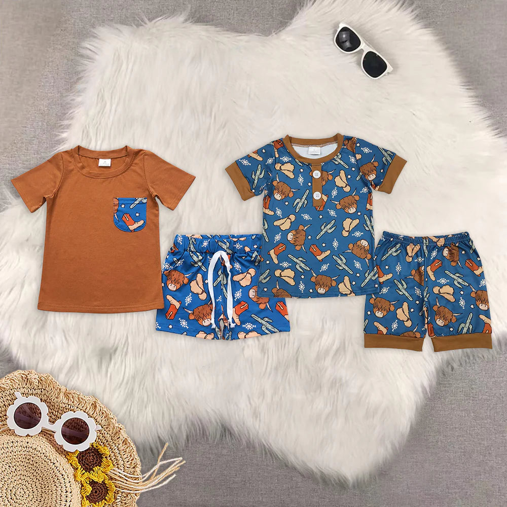 Highland Cow Cactus Print Shorts Boys Summer Clothes Set Brothers Wear