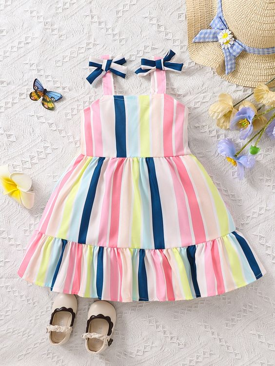 (Custom Design Preorder MOQ 5) Colorful Stripes Print Girls Knee Length Summer Dress
