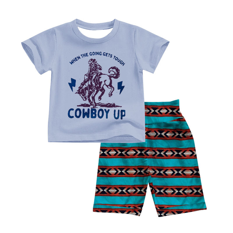 (Custom Design Preorder MOQ 5) Cowboy Up Aztec Shorts Boys Western Clothes Set