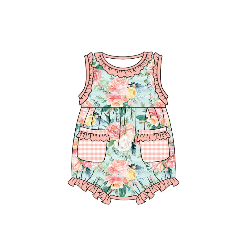 (Custom Design Preorder MOQ 5) Flowers Print Pockets Baby Girls Summer Romper
