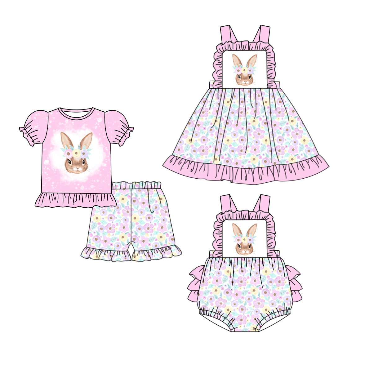 11.21(Custom Design Preorder MOQ 5 Each Design) Bunny Flowers Print Girls Easter Matching Clothes Sisters Wear