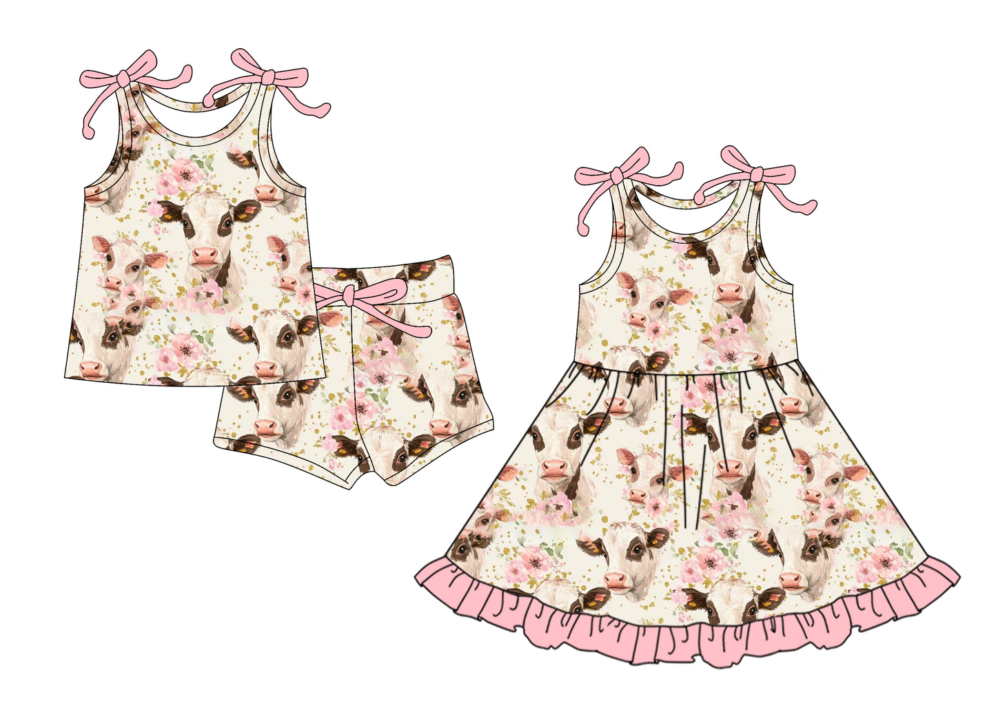 5.23(Custom Design Preorder MOQ 5 Each Design) Heifer Flowers Print Girls Summer Matching Clothes Sisters Wear