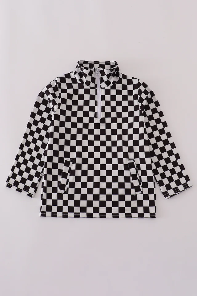 (Custom Design Preorder MOQ 5) Black Plaid Print Kids Zipper Pockets Pollover Top