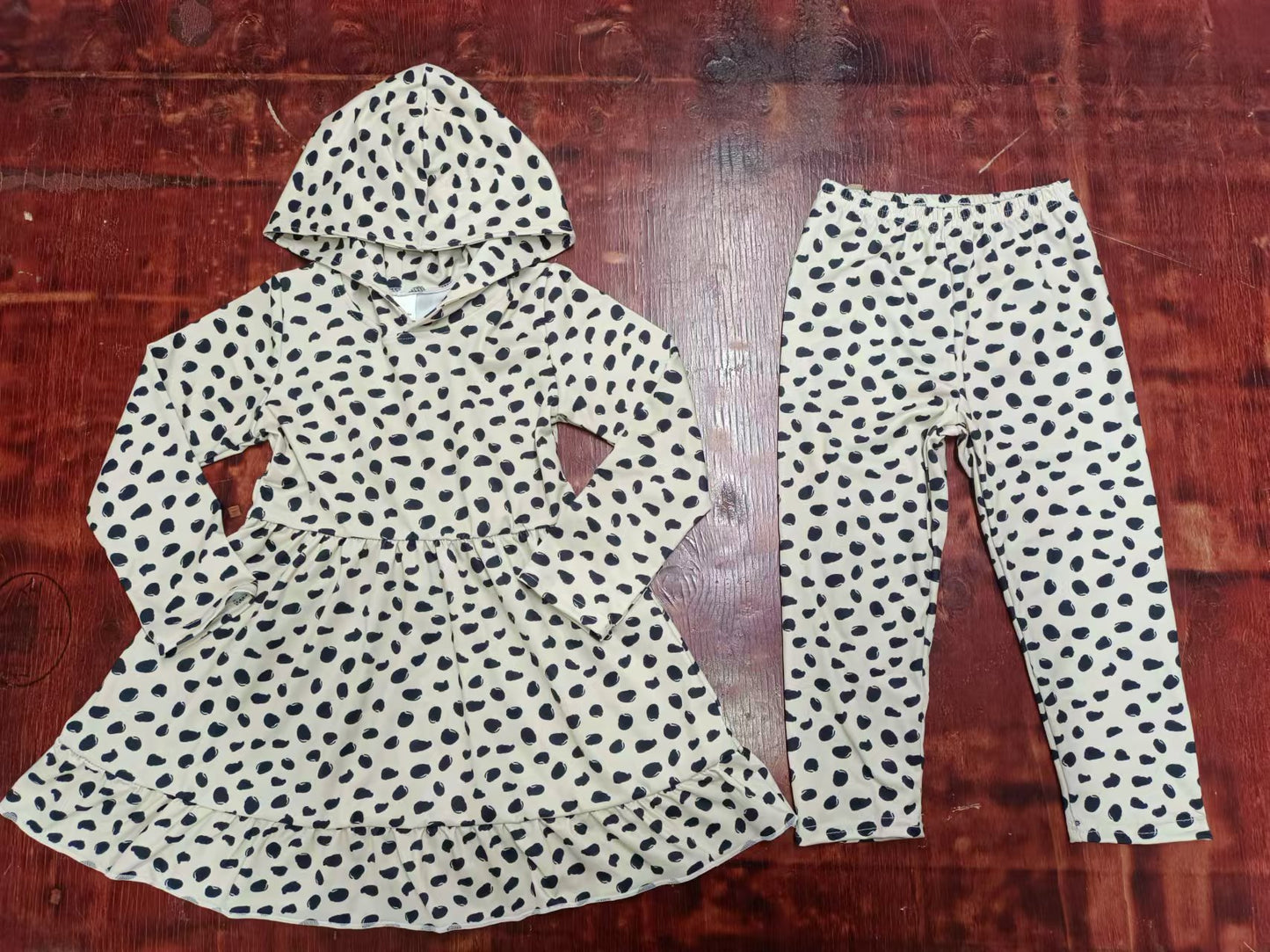 (Custom Design Preorder MOQ 3 ) Dots Hoodie Tunic Top Legging Pants Girls Fall Clothes Set