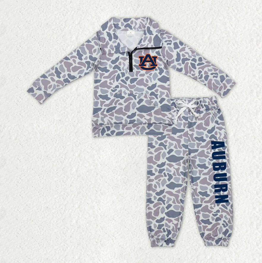 (Custom Design Preorder MOQ 5) Team's AUBURN Grey Camo Zipper Top Pockets Pants Boys Fall Clothes Set