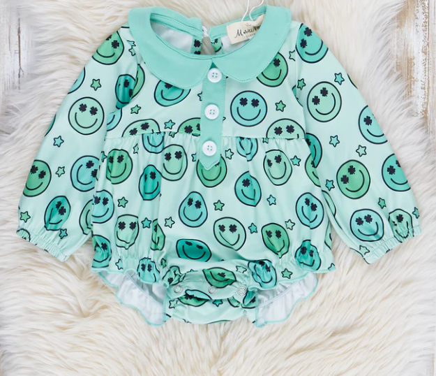 (Custom Design Preorder MOQ 5) Smiling Face Green Print Baby Girls St. Patrick's Day Romper
