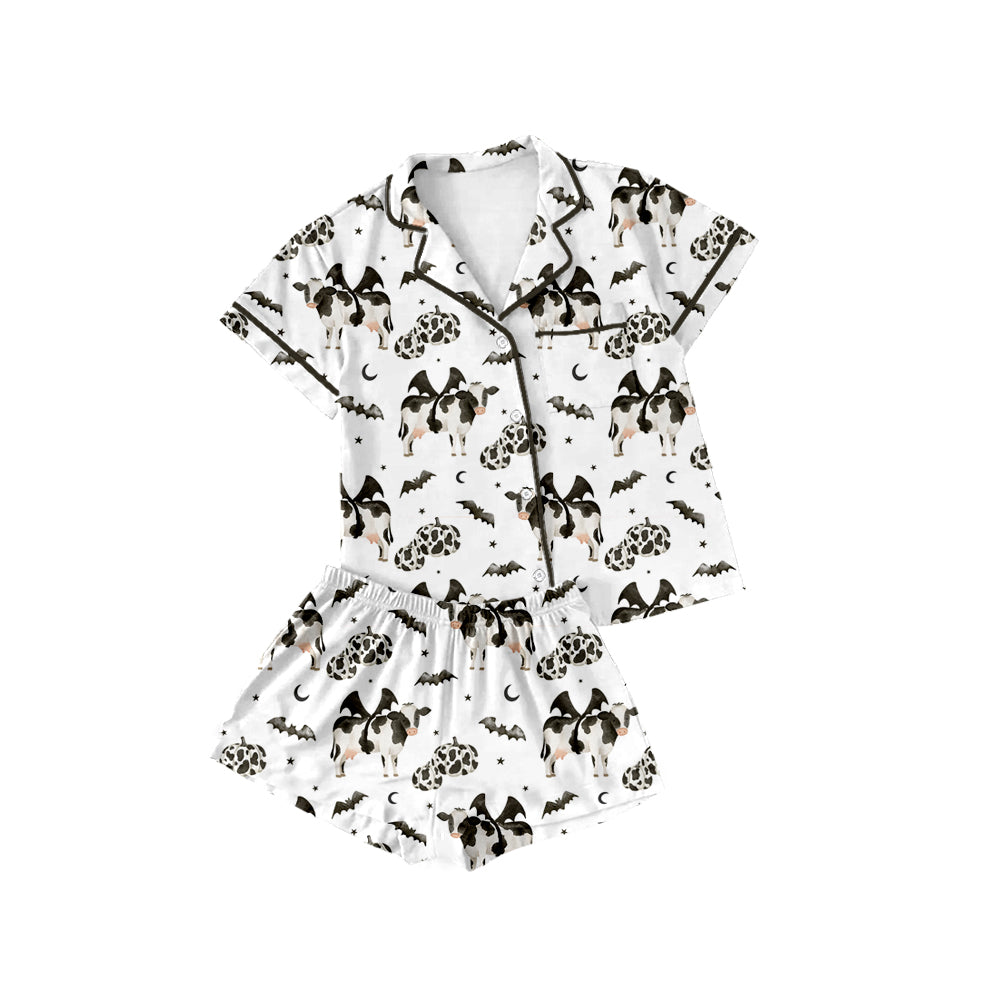 (Custom Design Preorder MOQ 5 Each Design) Cow Pumpkin Bat Print Halloween Buttons Pajamas Sets Mom and Me Matching Clothes