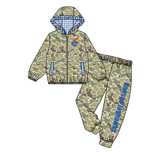 (Custom Design Preorder MOQ 5) Team's KANSAS JAYHAWKS Camo Print Hoodie Zipper Top Pockets Pants Girls Fall Clothes Set