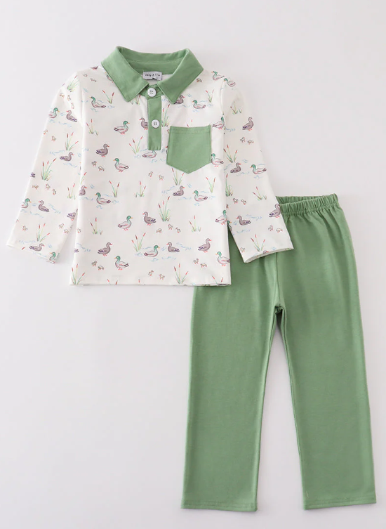 (Custom Design Preorder MOQ 5) Duck Polo Top Green Pants Boys Fall Clothes Set
