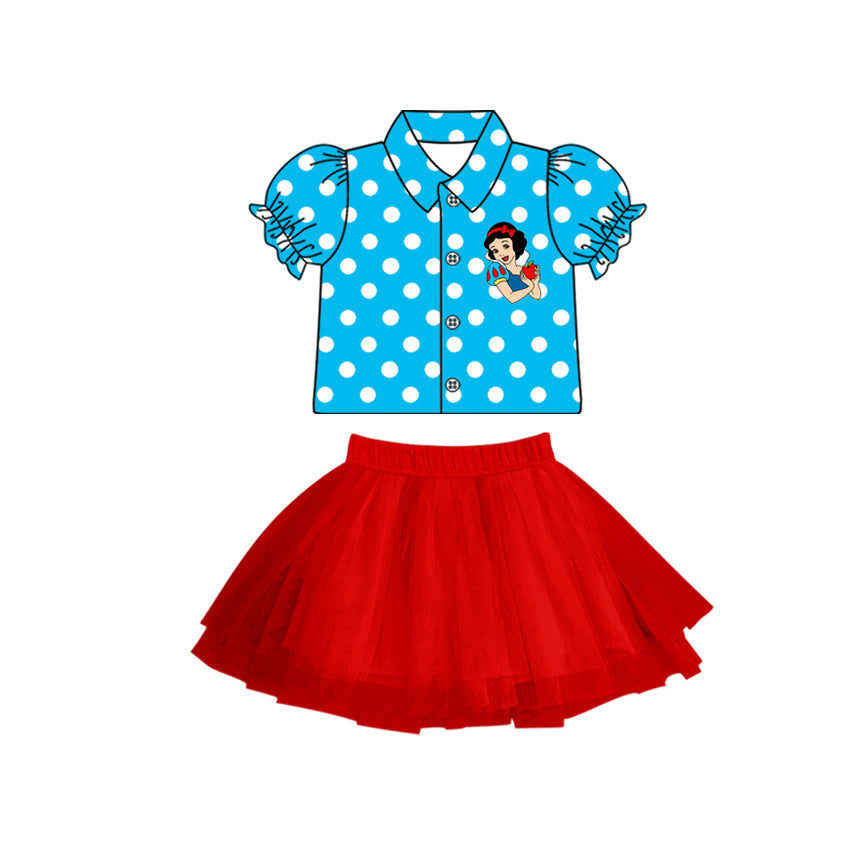 (Custom Design Preorder MOQ 5) Cartoon Princess Blue Dots Top Red Tulle Skirts Girls Clothes Set