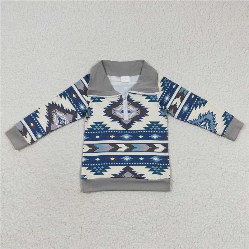 4 Colors Boys Long Sleeve Aztec Print Western Zipper Pullover Top