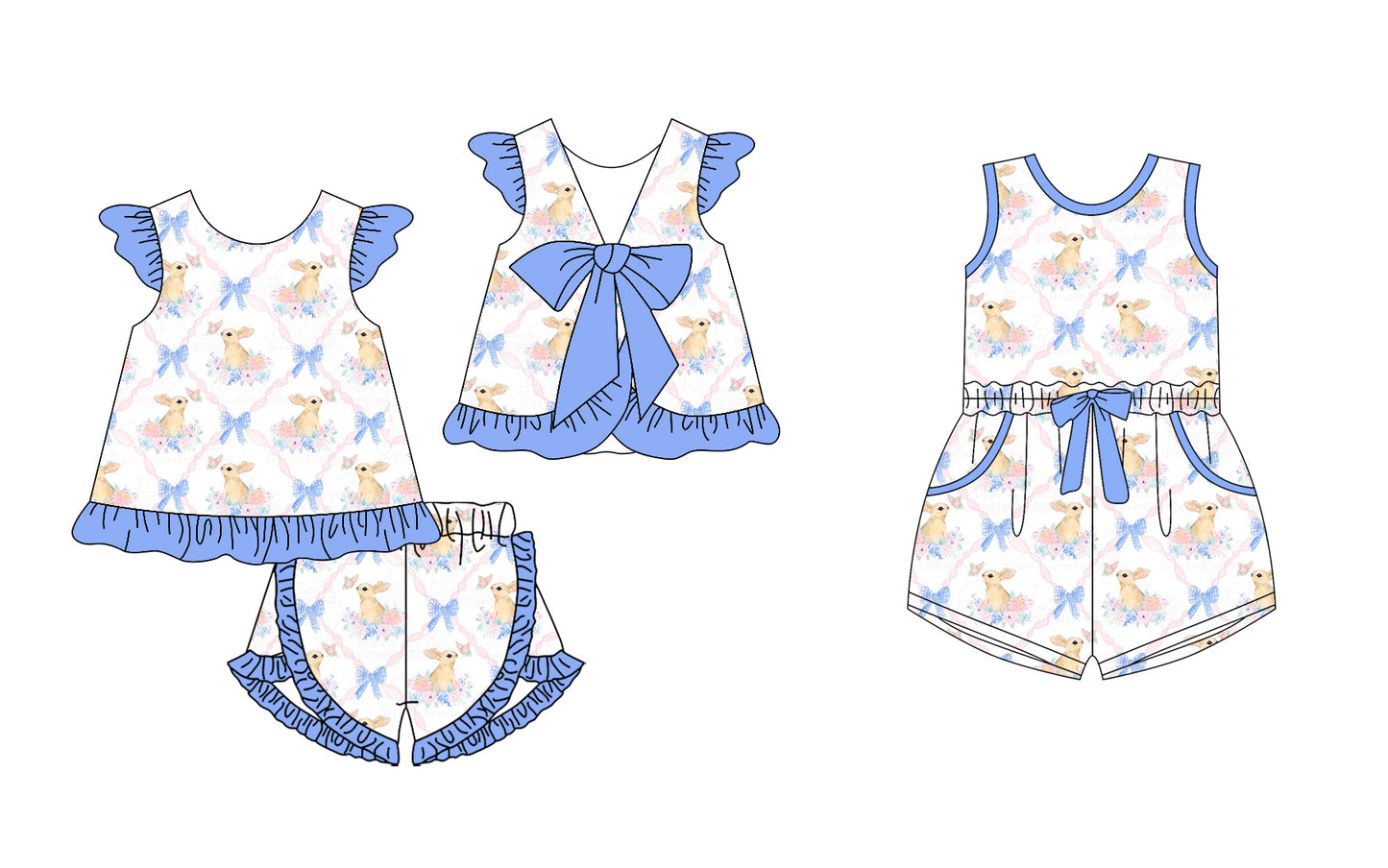 12.23(Custom Design Preorder MOQ 5 Each Design) Bunny Flowers Bows Print Girls Easter Matching Clothes Sisters Wear