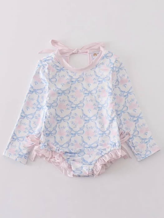 (Custom Design Preorder MOQ 5) Flowers Bows Print Girls Long Sleeve 1 Piece Swimsuits