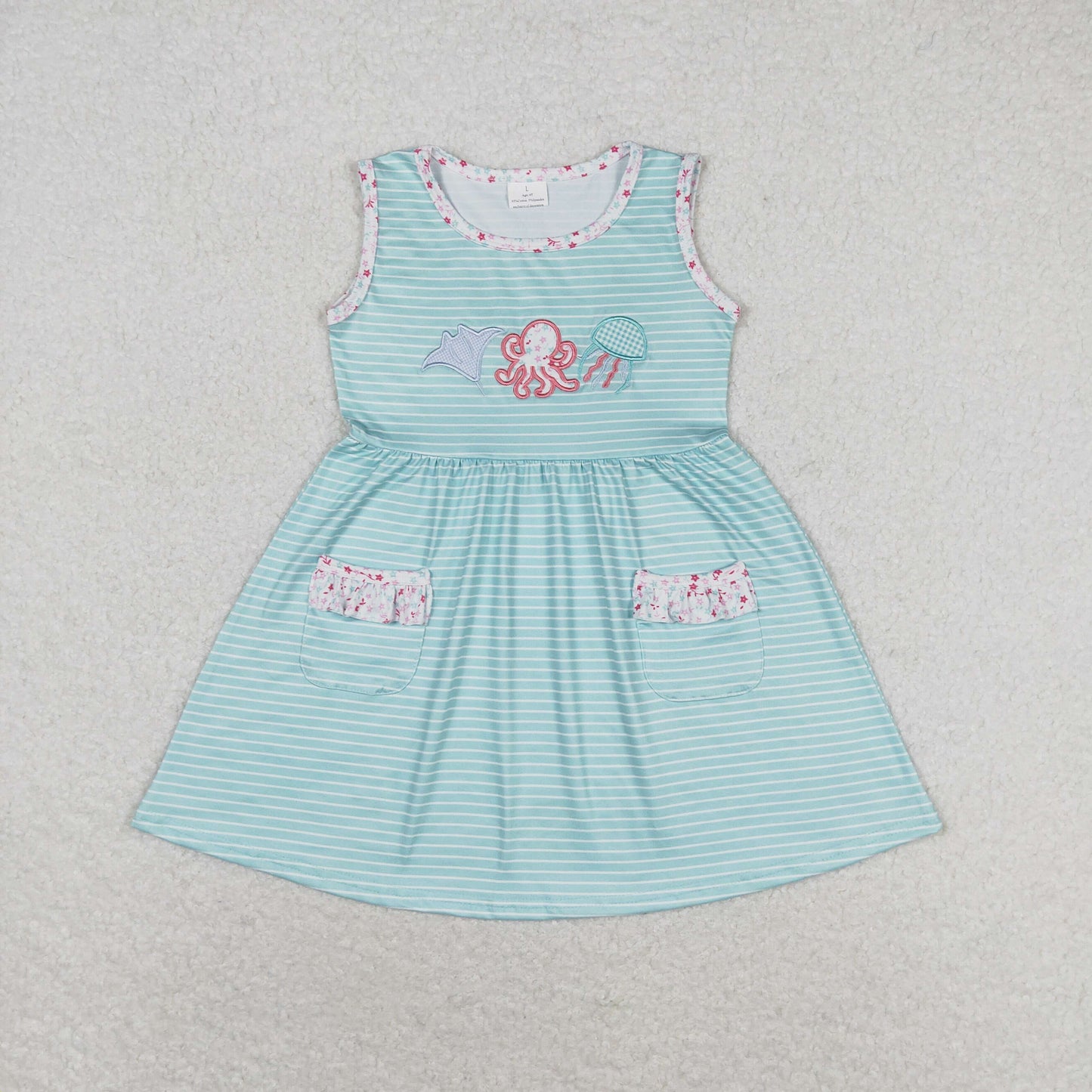 Fish Octopus Jellyfish Embroidery Stripes Print Sisters Summer Matching Clothes