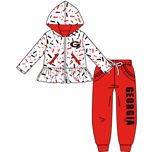 (Custom Design Preorder MOQ 5) Team's Georgia Sprinkles Print Hoodie Zipper Top Pockets Pants Girls Fall Clothes Set