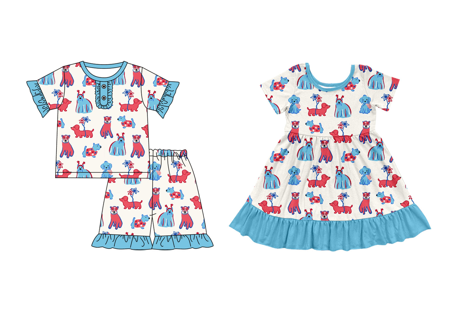 3.31(Custom Design Preorder MOQ 5 Each Design) Dog Stars Print Girls 4th of July Matching Clothes Sisters Wear
