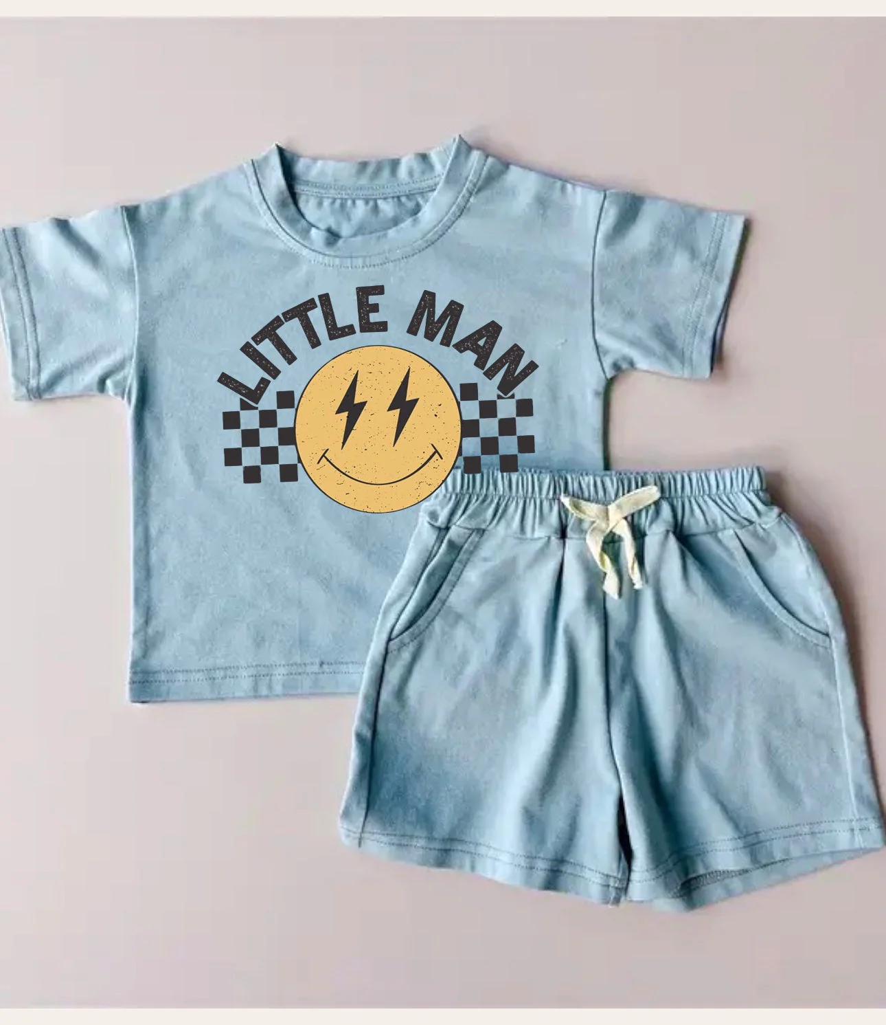 (Custom Design Preorder MOQ 5) Little Man Blue Top Pockets Shorts Boys Summer Clothes Set