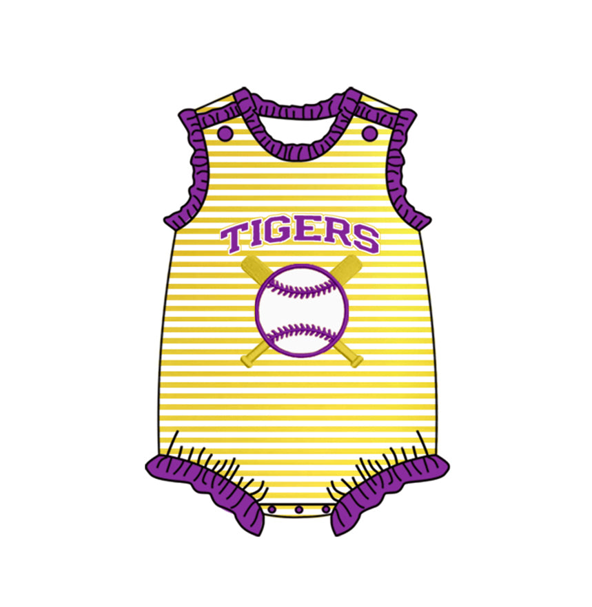 (Custom Design Preorder MOQ 5) Team's Purple Tiger Print Baby Girls Summer Romper
