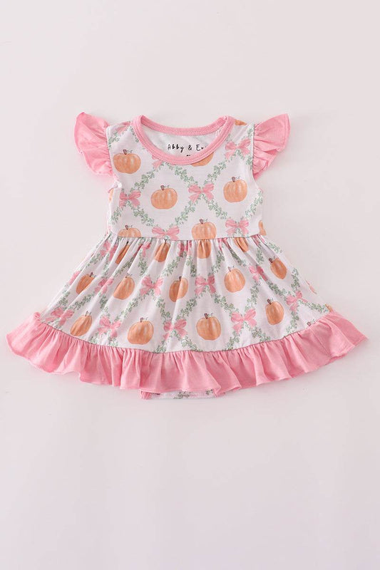 (Custom Design Preorder MOQ 5)  Pumpkin Bows Print Baby Girls Fall Skirted Romper