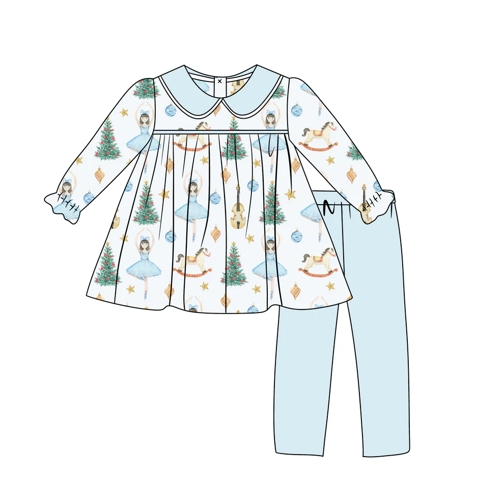 (Custom Design Preorder MOQ 5) Nutcracker Tunic Top Blue Pants Girls Christmas Clothes Set