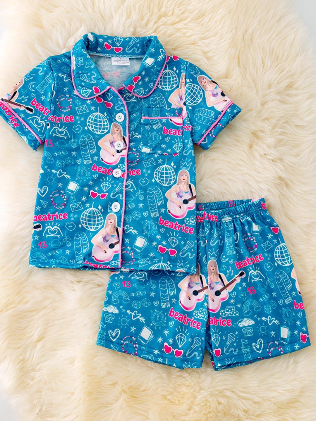 (Custom Design Preorder MOQ 5) Singer Swiftie Blue Print Girls Summer Pajamas Clothes Set