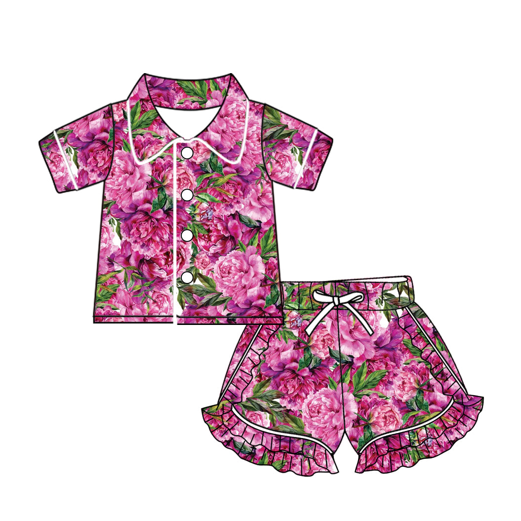(Custom Design Preorder MOQ 5) Hotpink Flowers Print Girls Summer Pajamas Clothes Set