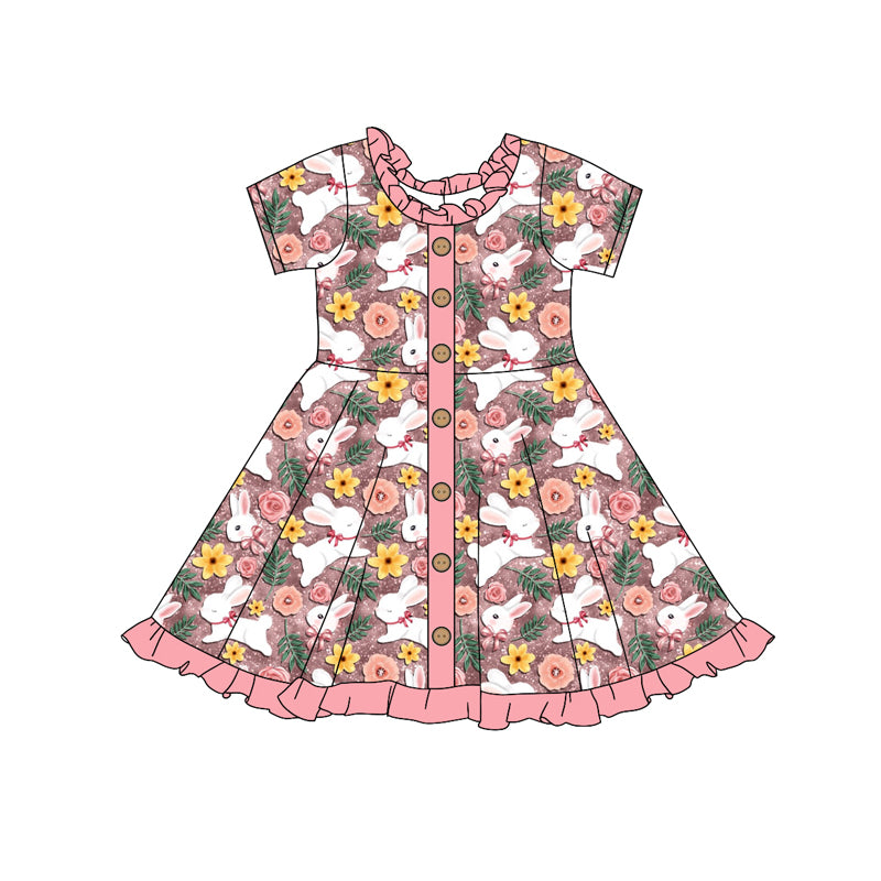 (Custom Design Preorder MOQ 5) Bunny Flowers Print Girls Easter Knee Length Dress