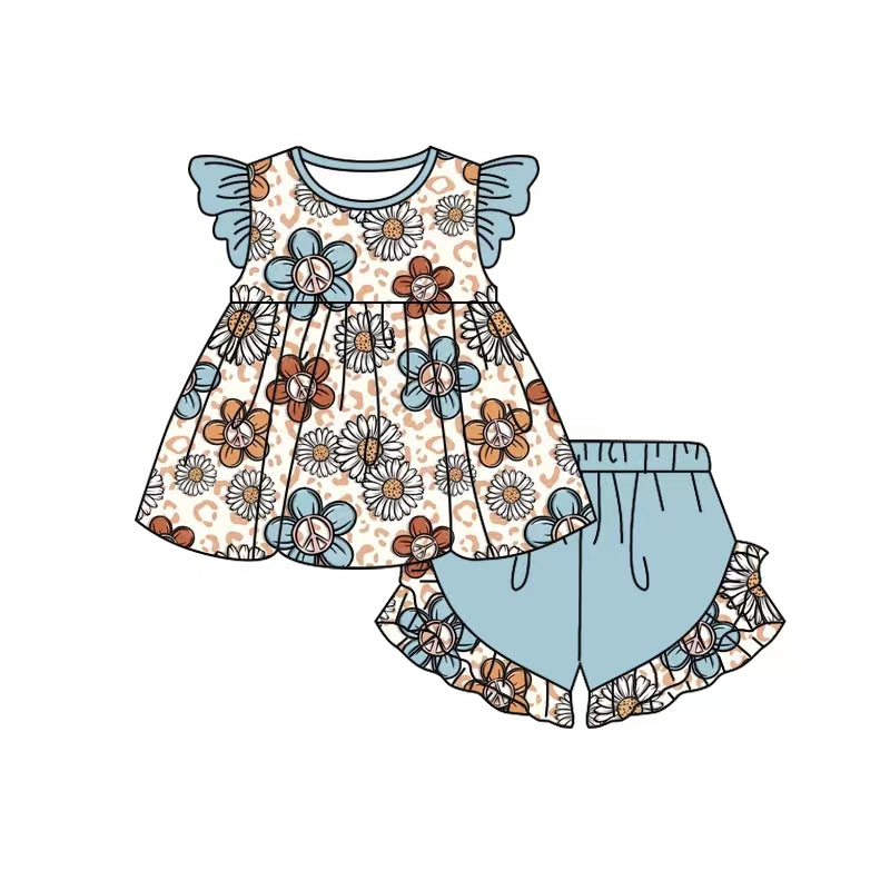 (Custom Design Preorder MOQ 5) Flowers Leopard Tunic Top Ruffle Shorts Girls Summer Clothes Set