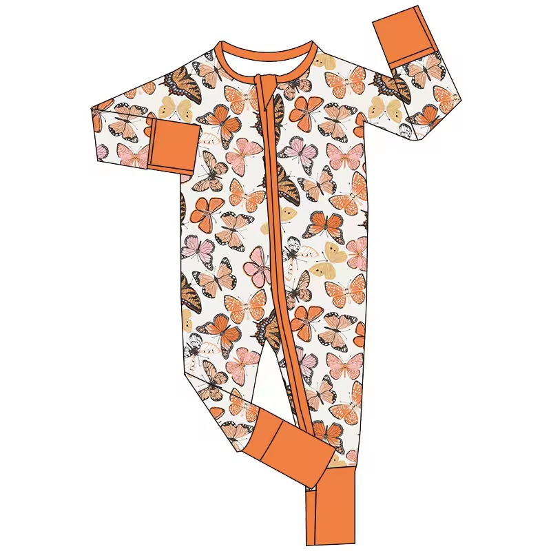 (Custom Design Preorder MOQ 5) Butterfly Print Baby Girls Fall Zipper Sleeper Romper