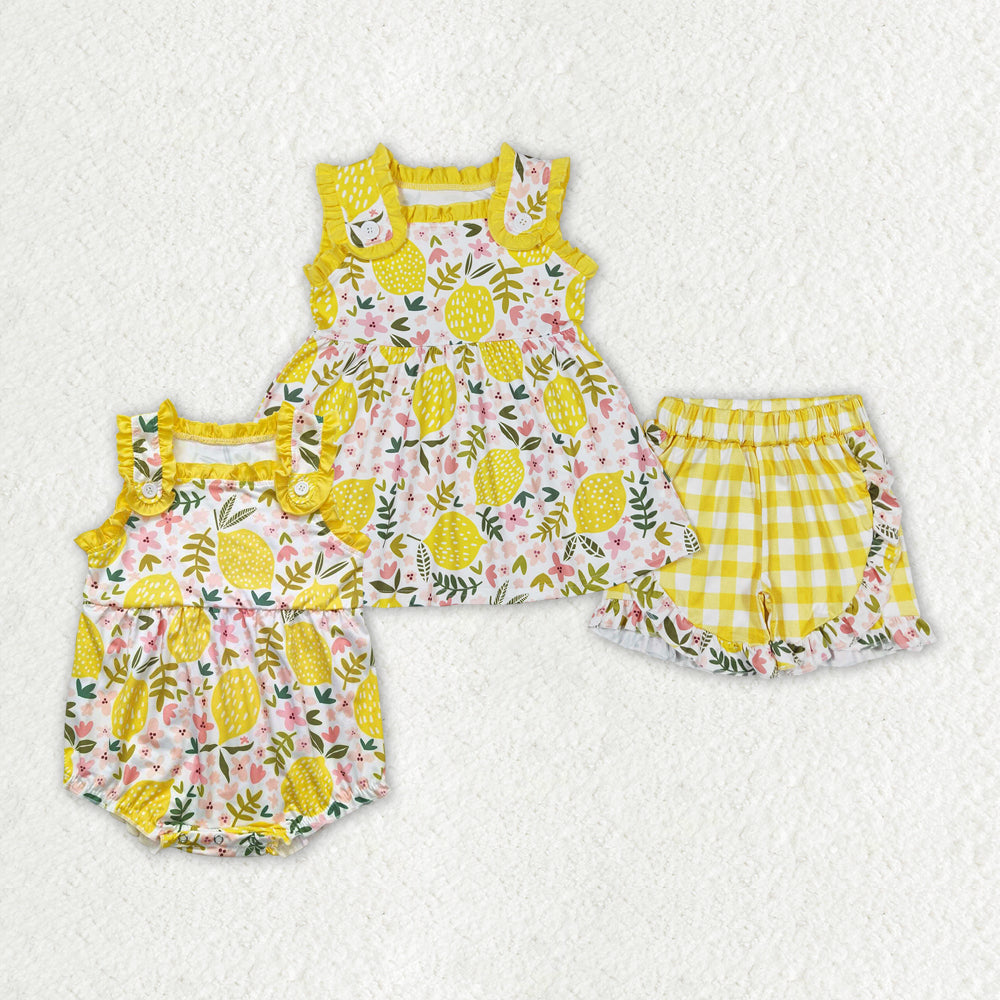 Lemon Flowers Yellow Plaid Print Sisters Summer Matching Clothes