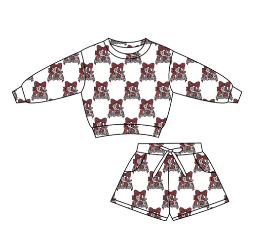 (Custom Design Preorder MOQ 5) Go Team Cheer Bows Long Sleeve Top Pockets Shorts Girls Clothes Set