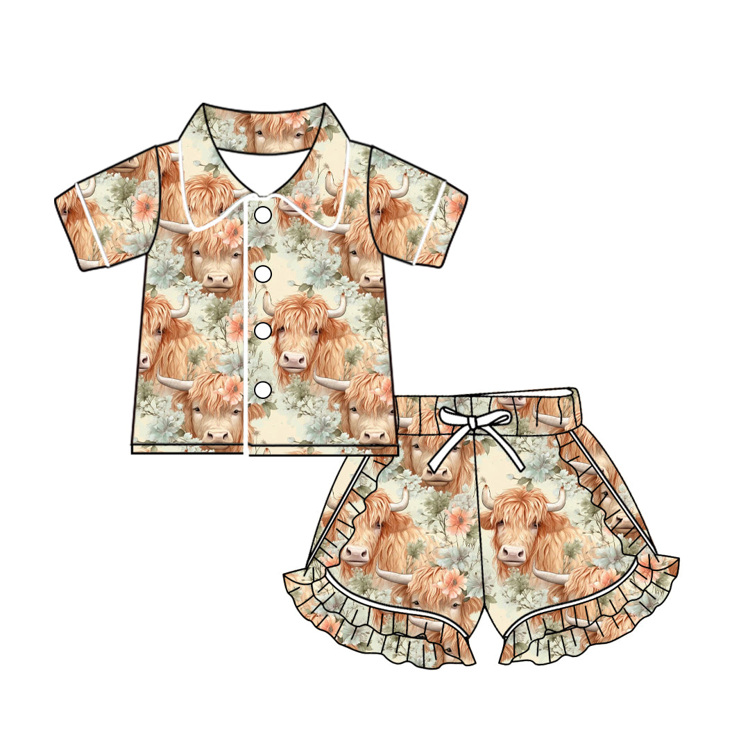 (Custom Design Preorder MOQ 5) Highland Cow Flowers Print Girls Summer Pajamas Clothes Set