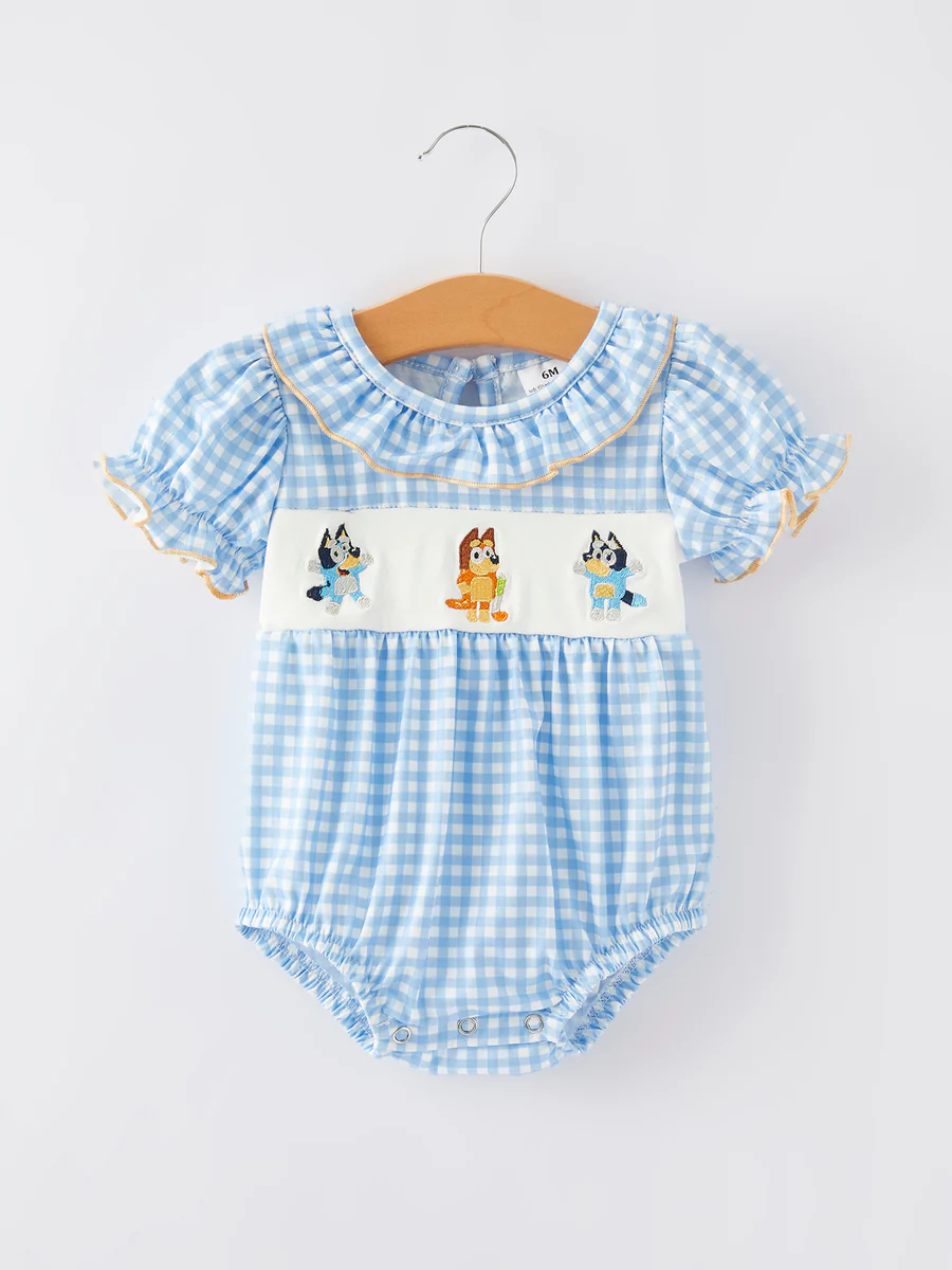 (Custom Design Preorder MOQ 5) Cartoon Dog Blue Plaid Print Baby Girls Romper