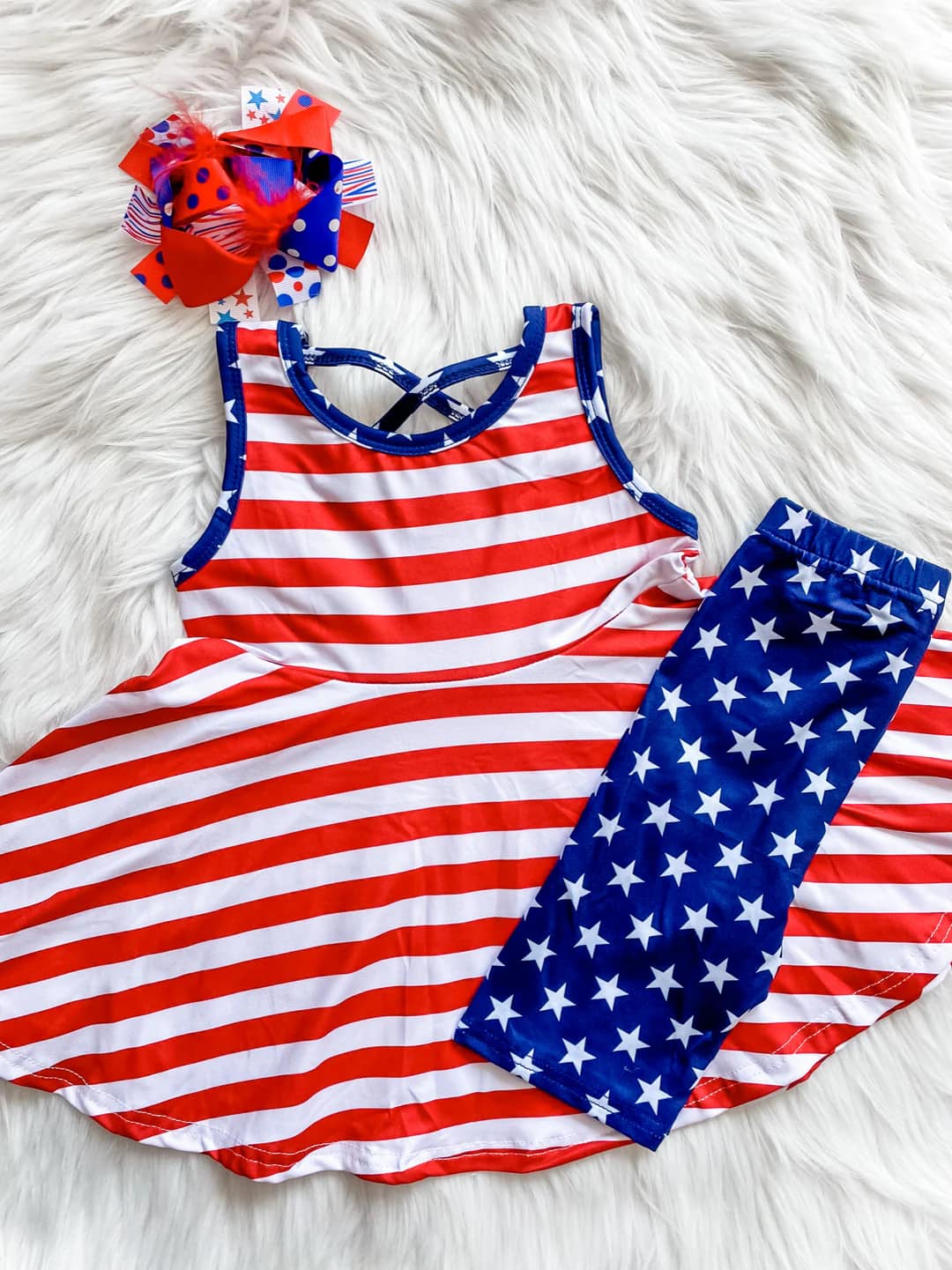 (Custom Design Preorder MOQ 5) Red Stripes Tunic Top Stars Shorts Girls 4th of July Clothes Set
