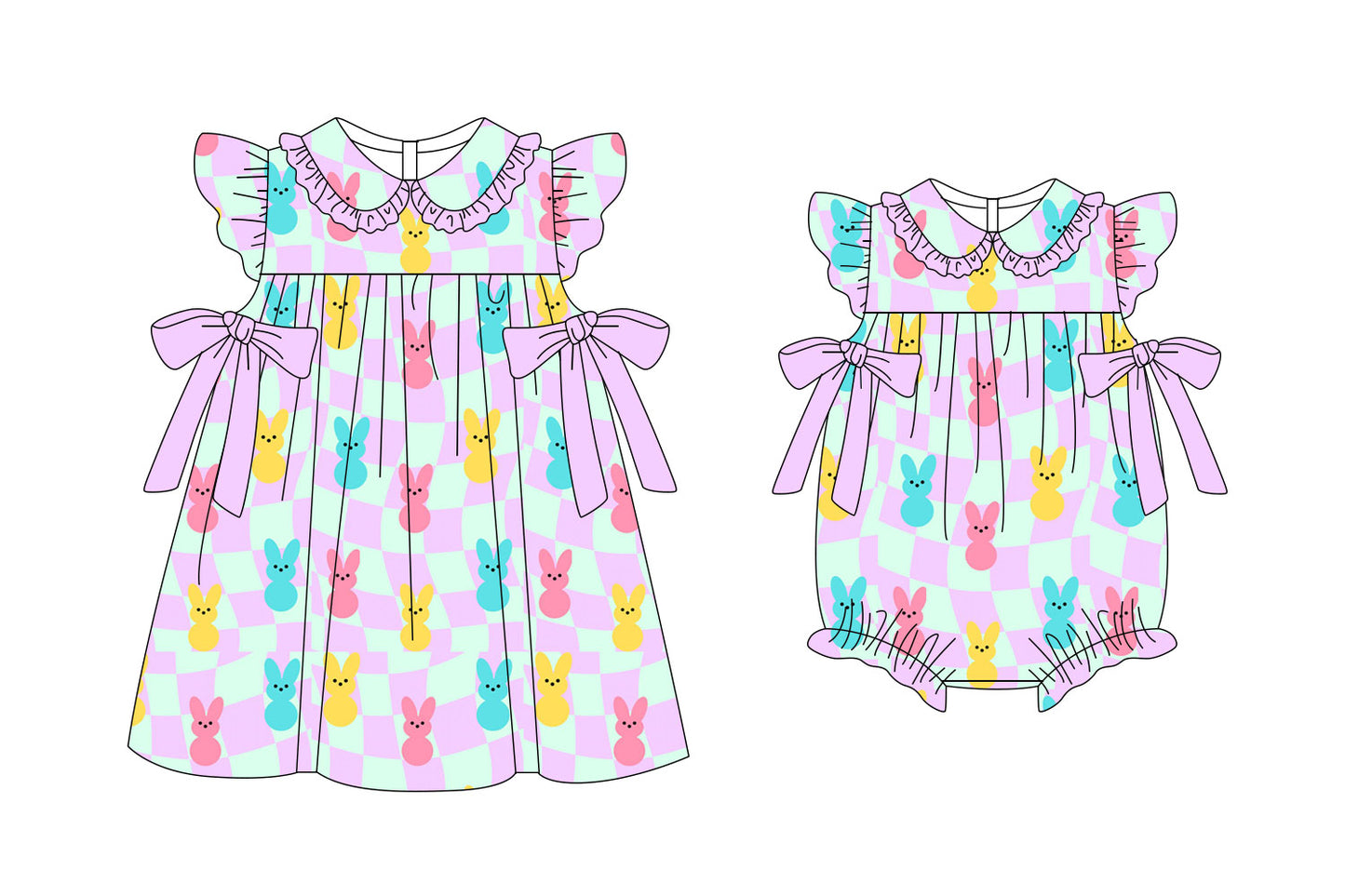 11.6(Custom Design Preorder MOQ 5 Each Design) Colorful Bunny Plaid Print Girls Easter Matching Clothes Sisters Wear