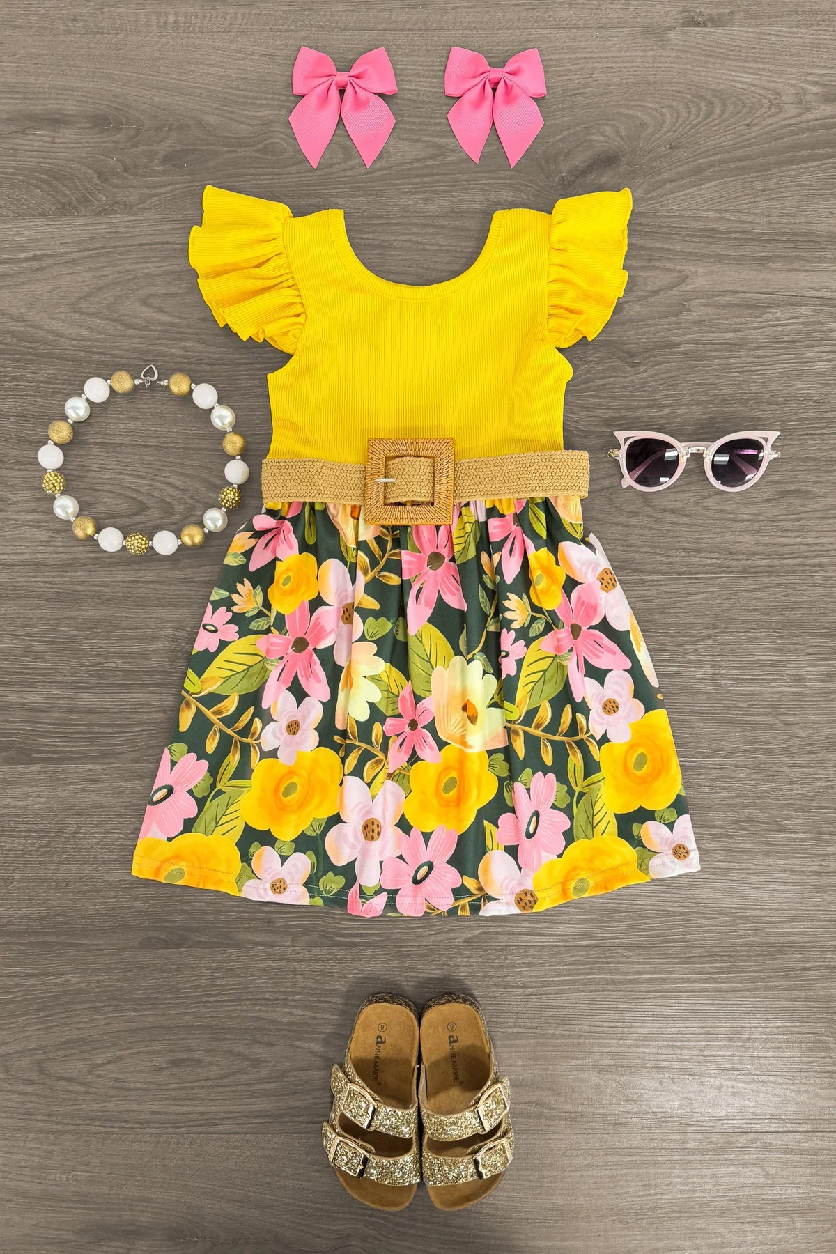 (Custom Design Preorder MOQ 5) Yellow Flowers Print Girls Summer Knee Length Dress