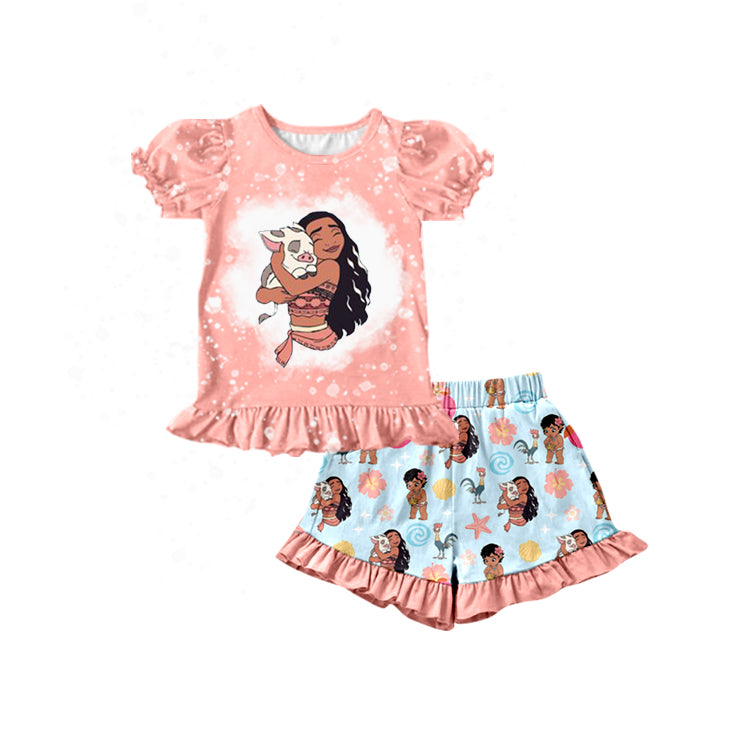 (Custom Design Preorder MOQ 5) Cartoon Pig Beach Print Top Shorts Girls Summer Clothes Set