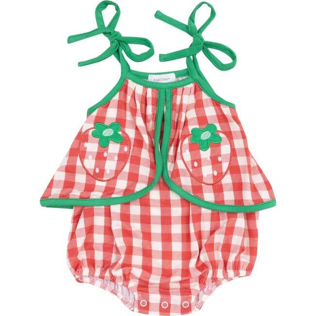 (Custom Design Preorder MOQ 5) Strawberry Red Plaid Print Baby Girls Summer Strap Skirted Romper
