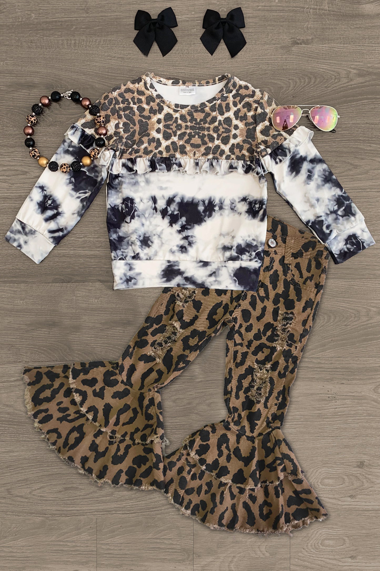 (Custom Design Preorder MOQ 5) Leopard Black Tie-dye Top Denim Hole Jeans Girls Clothes Set