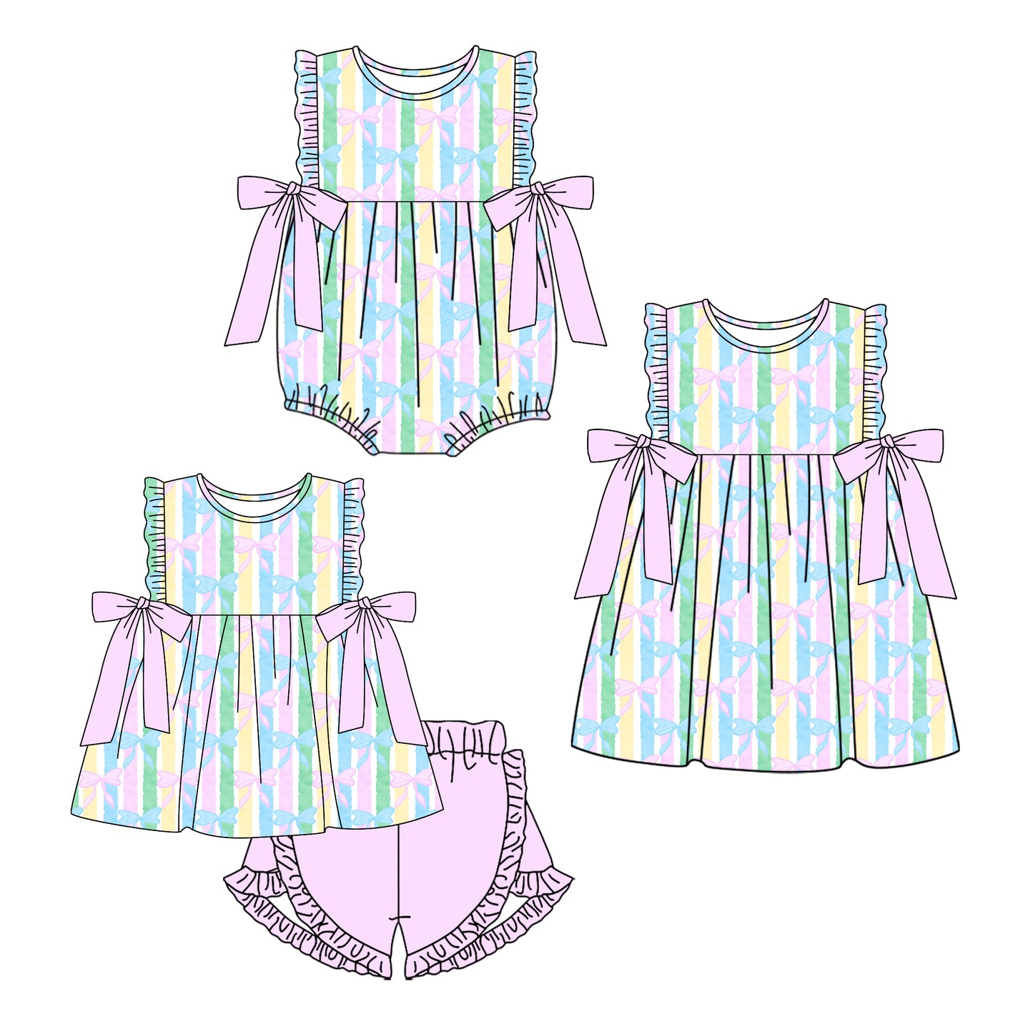 12.4 (Custom Design Preorder MOQ 5 Each Design) Bows Stripes Print Girls Summer Matching Clothes Sisters Wear