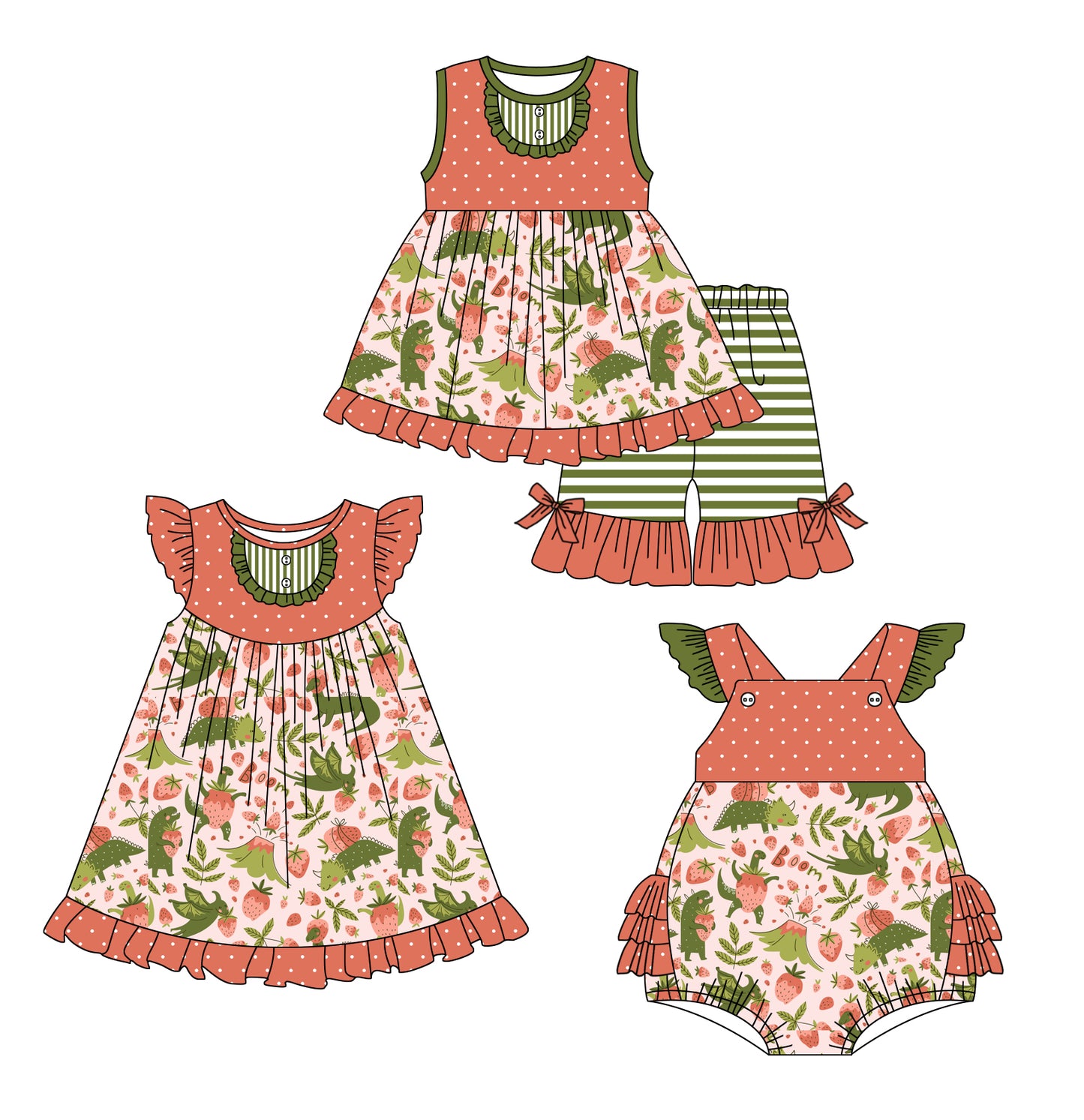 1.4(Custom Design Preorder MOQ 5 Each Design) Dino Strawberry Print Girls Summer Matching Clothes Sisters Wear