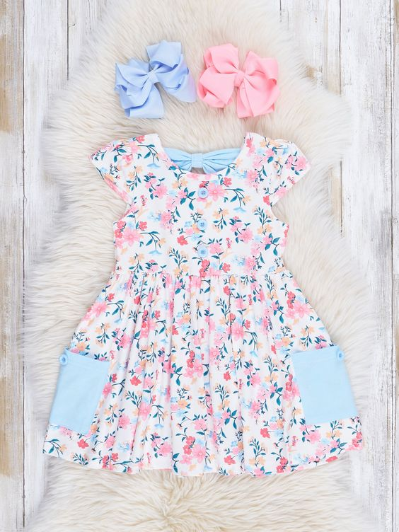 (Custom Design Preorder MOQ 5) Flowers Print Girls Knee Length Summer Dress