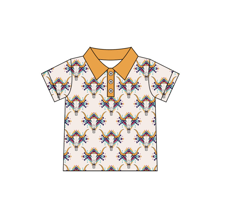 12.2(Custom Design Preorder MOQ 5 ) Aztec Cow Skull Print Boys Summer Polo Tee Shirts Top